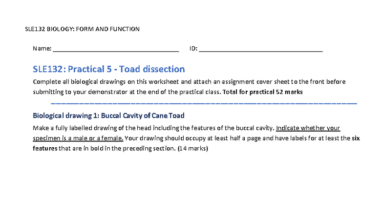 SLE132 BIOLOGY: Practical 5 - Toad Dissection Guide - Studocu
