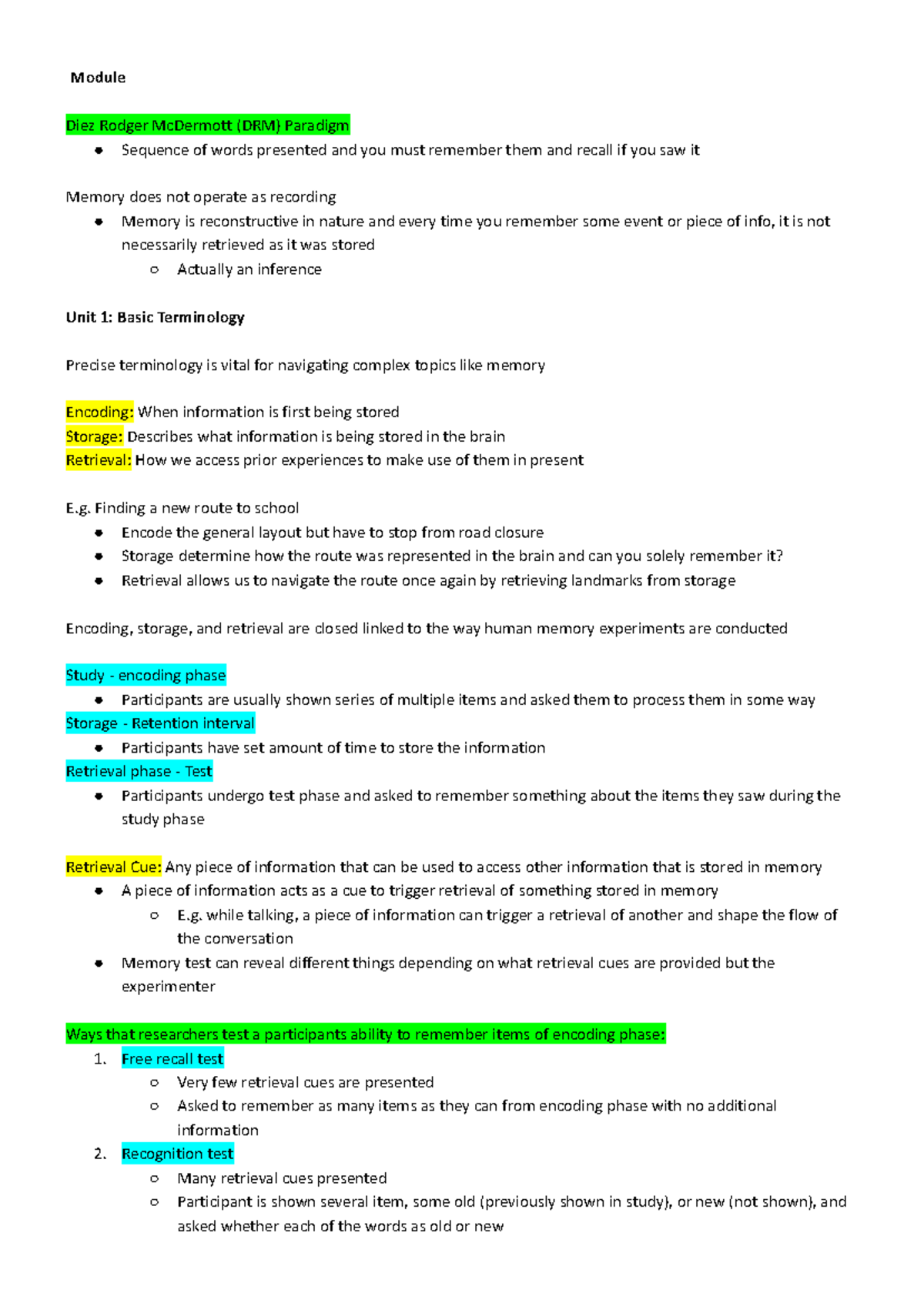 Psych 1X03 Final Exam Notes: Understanding Memory Concepts - Studocu