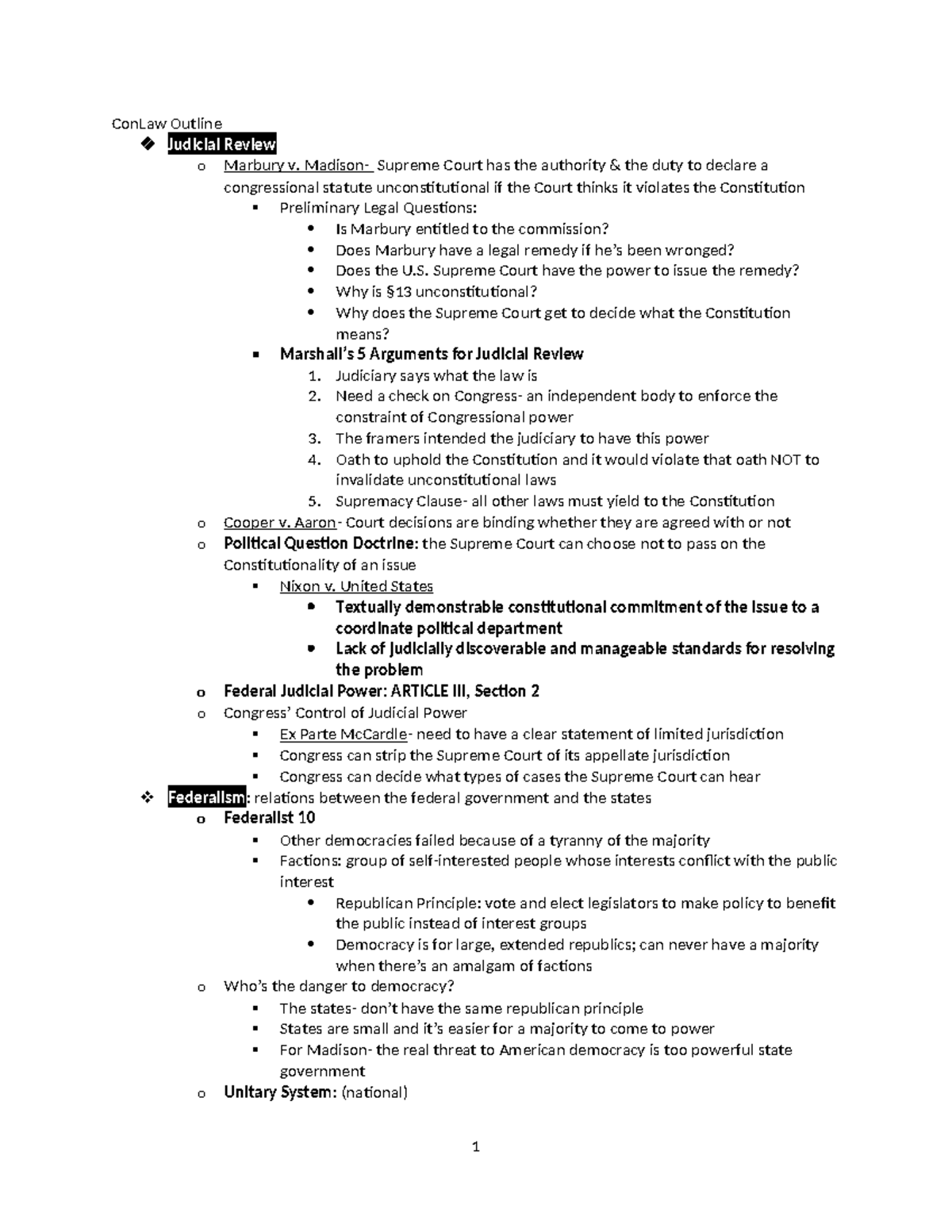 Con Law I Outline - Key Concepts and Case Summaries for Constitutional ...
