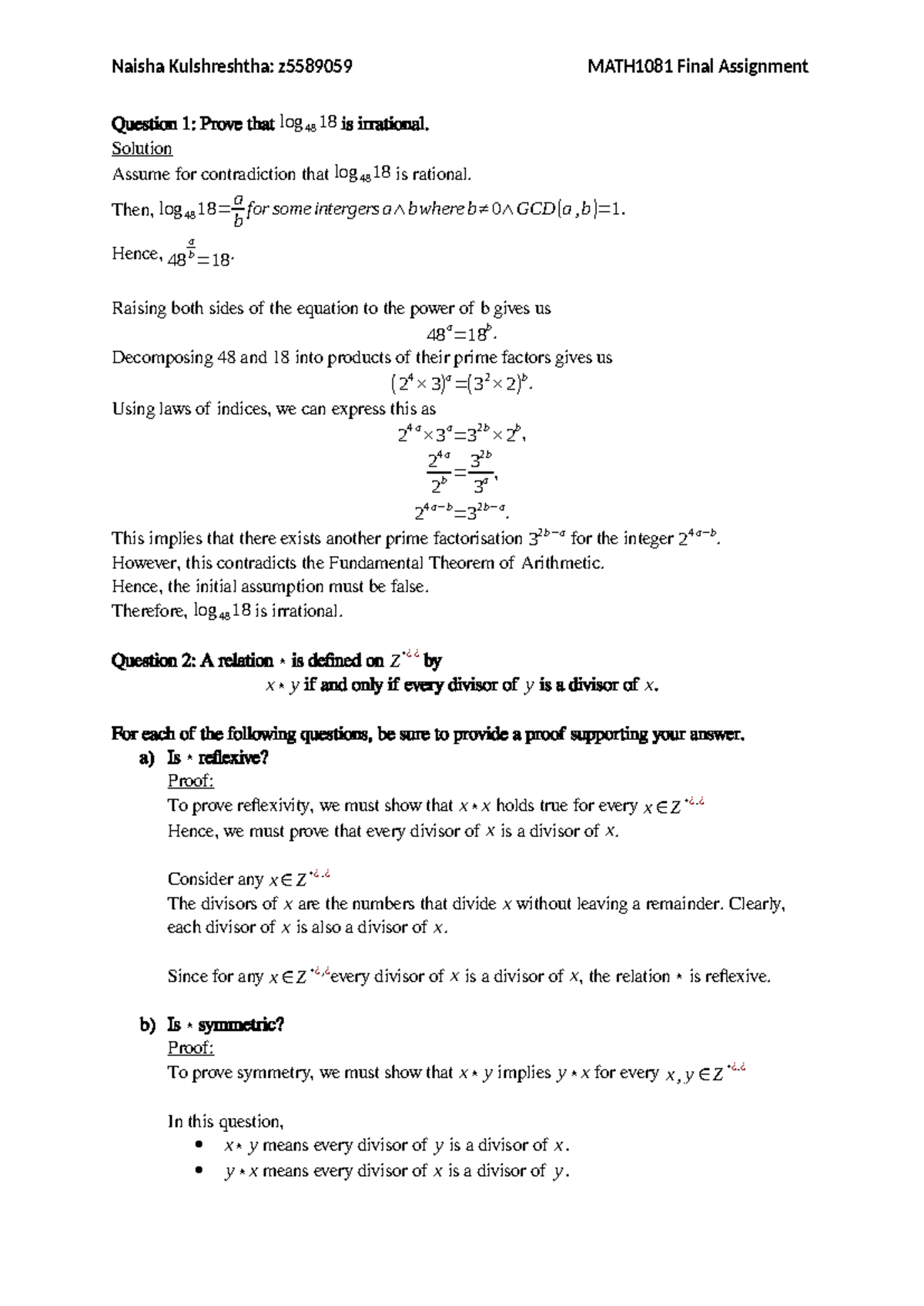 MATH1081 Final Assignment - Question 1: Prove that log 48 18 is ...