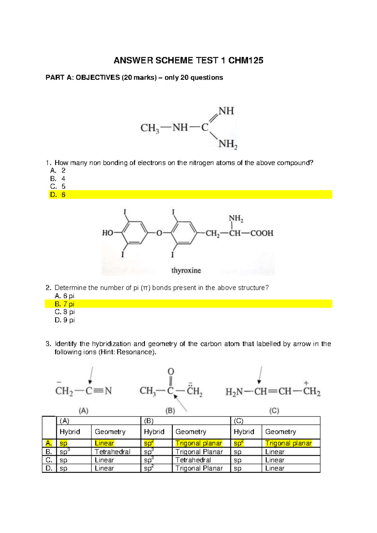 Answer Scheme for TEST 1 CHM125: Objectives & Subjective Questions ...