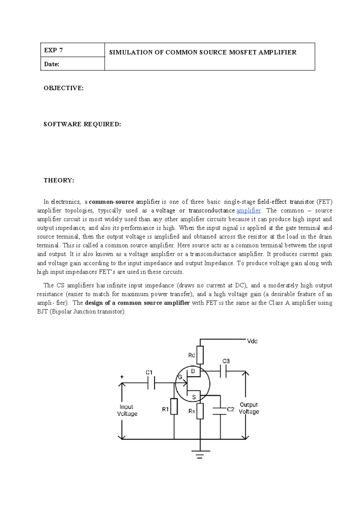 EXP 7: Simulation of Common Source MOSFET Amplifier - IM - Studocu