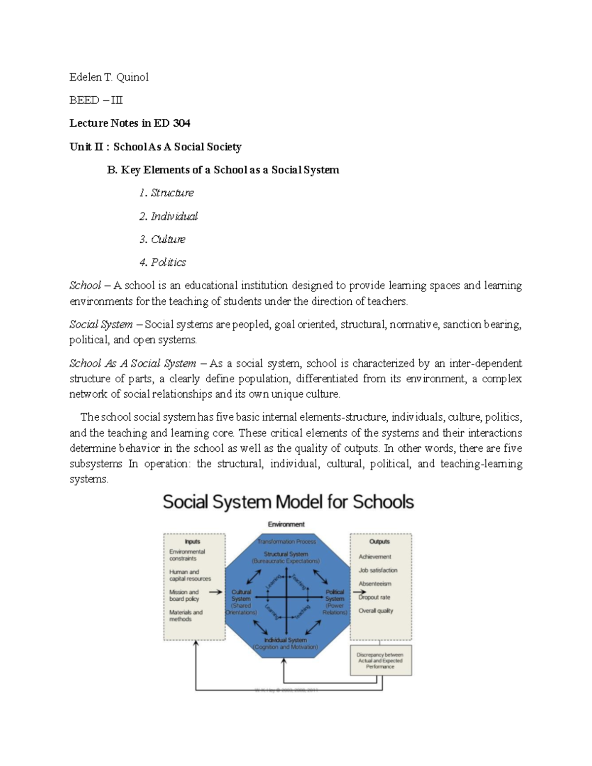ED 304 Lecture Notes: Key Elements of a School as a Social System - Studocu
