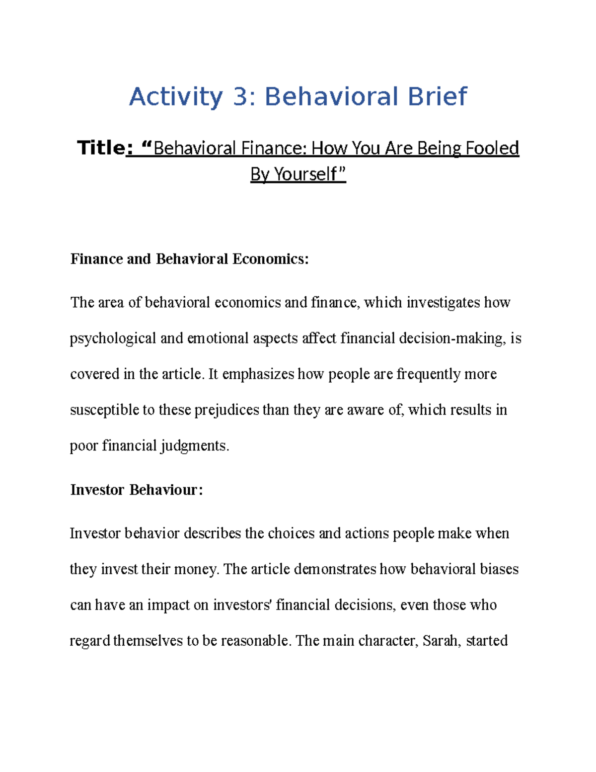 Activity 3 Fina - Activity 3: Behavioral Brief Title: “Behavioral ...