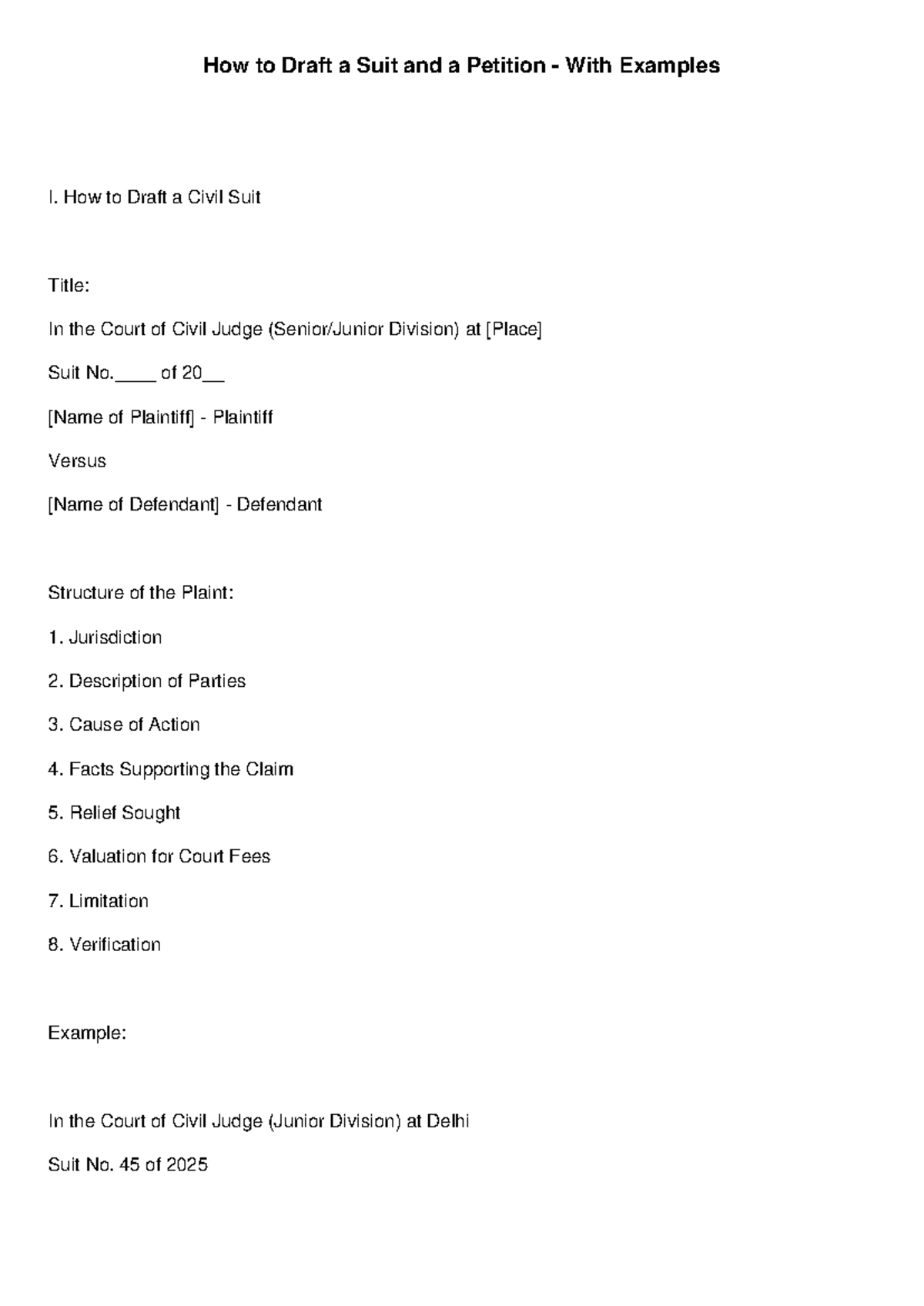 Civil Suit & Petition Drafting Guide: Examples & Structure - Studocu