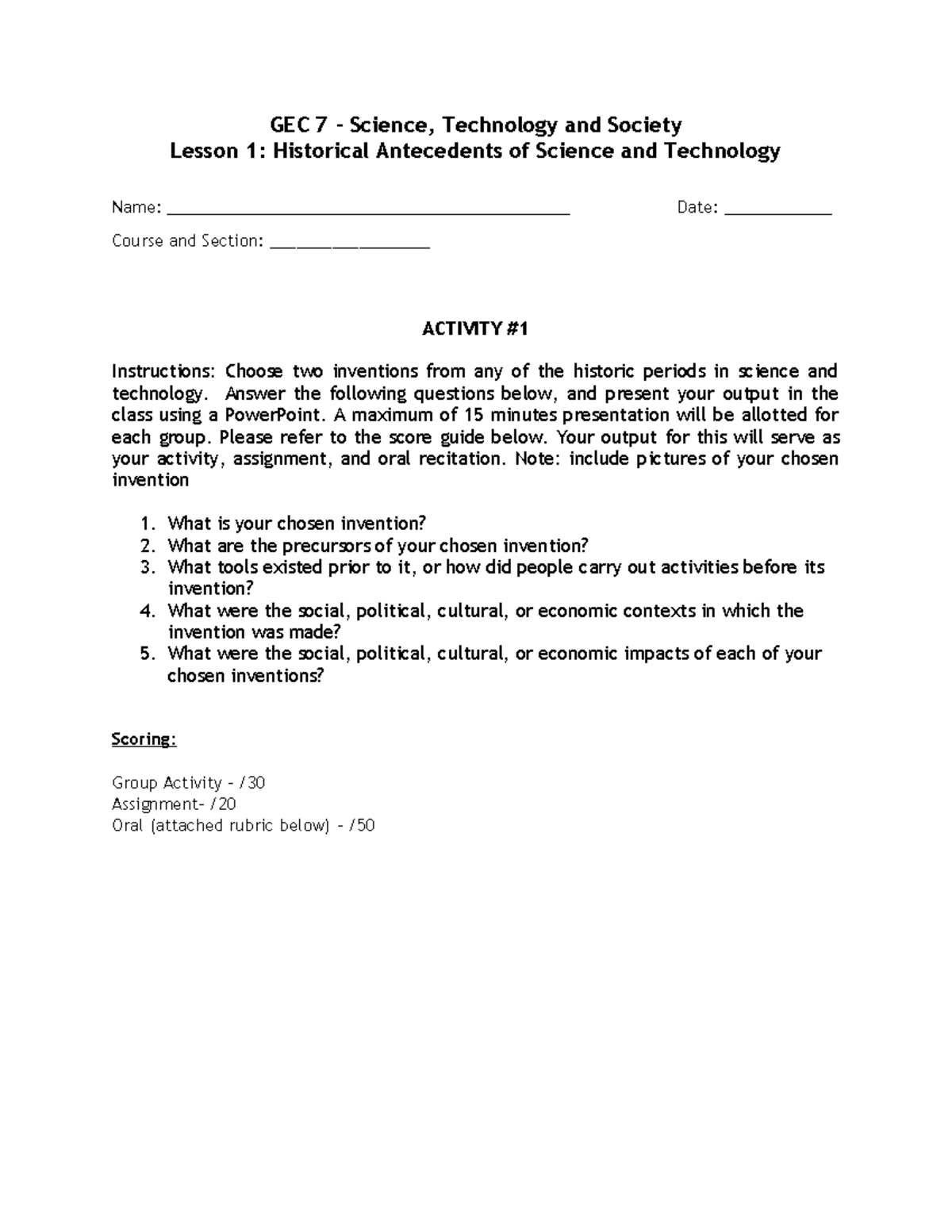 GEC 7 - Lesson 1 - Group Activity and Presentation - GEC 7 – Science ...