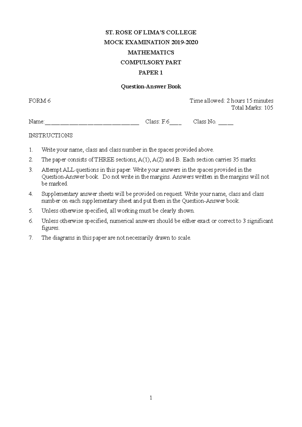 FORM 6 MOCK EXAMINATION MATHEMATICS COMPULSORY PART PAPER 1 - Practice ...