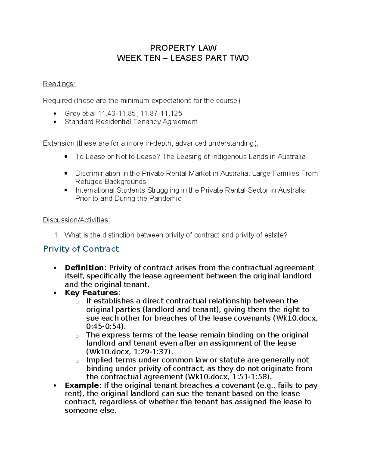 PROPERTY LAW WEEK TEN: LEASES PART TWO - Key Concepts and Case Analysis ...