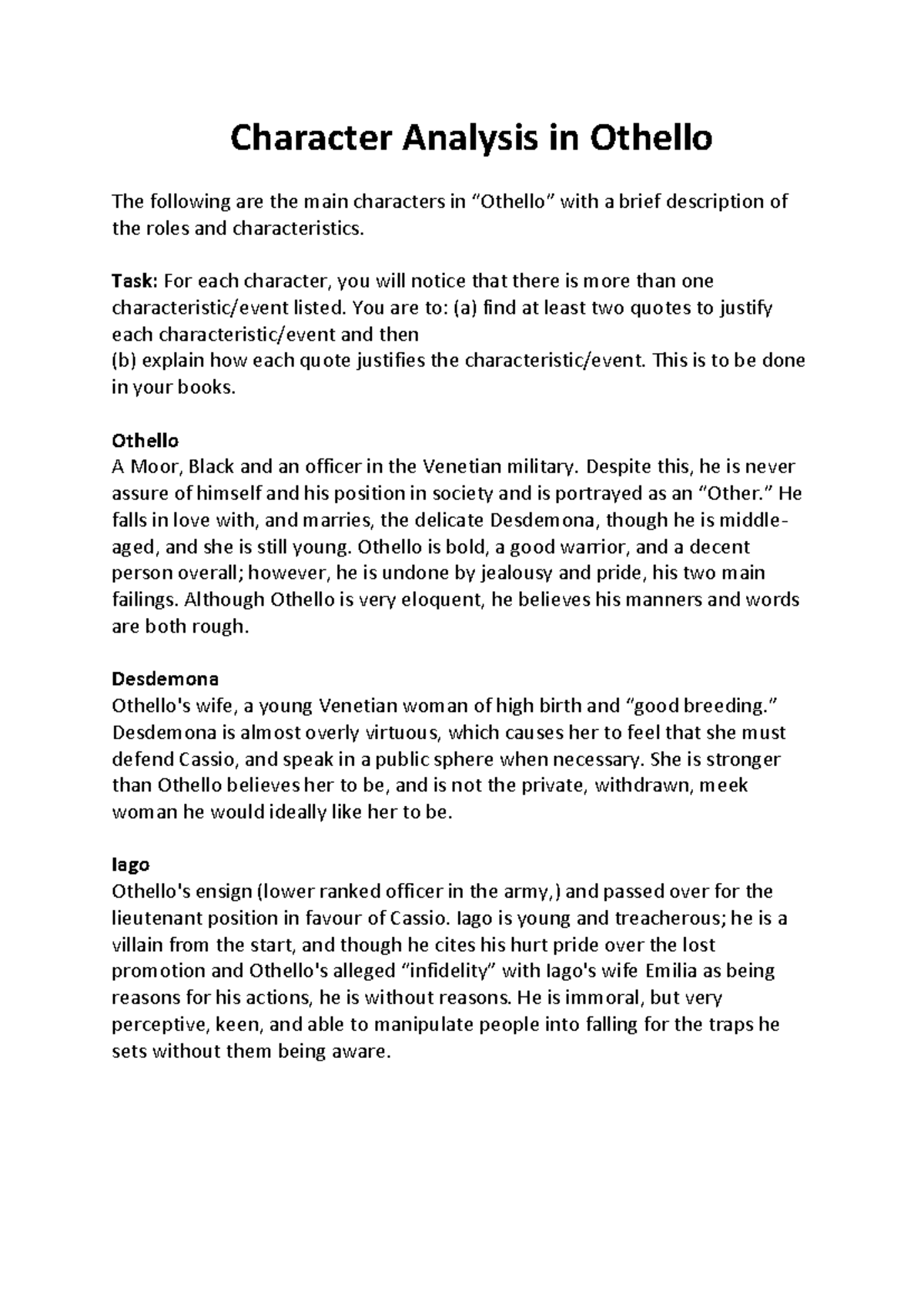 Othello - Character analysis and quotes justification - Studocu