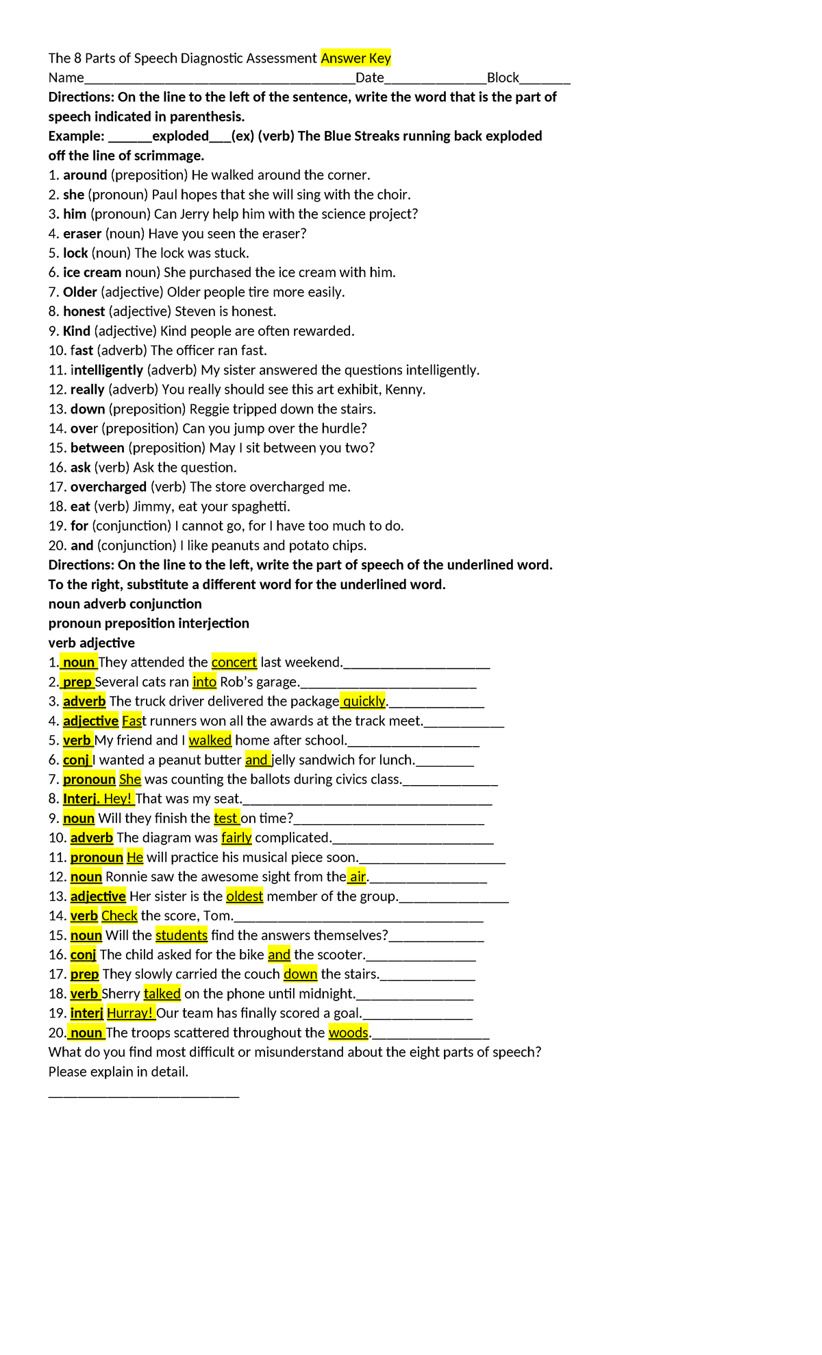 PARTS OF SPEECH DIAGNOSTIC TEST WITH ANSWER KEY PDF visual data 8