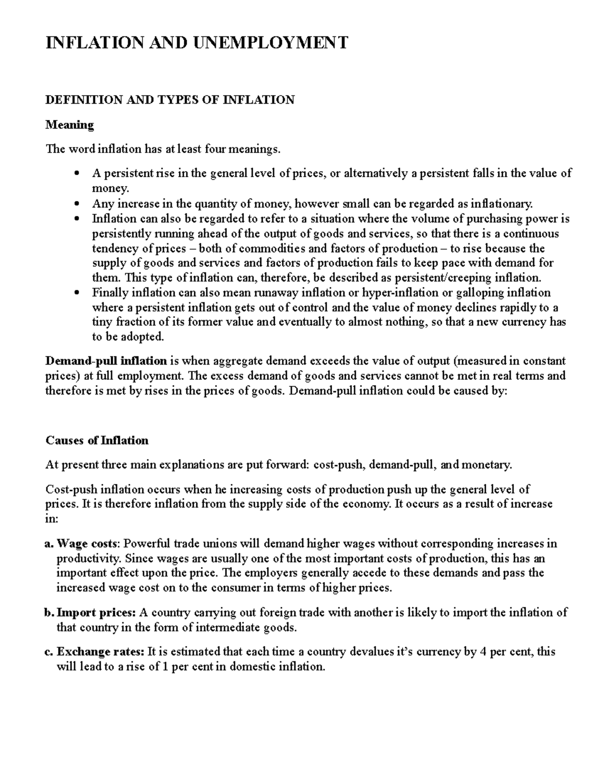 Inflation and Unemployment: Key Concepts and Control Measures Notes ...