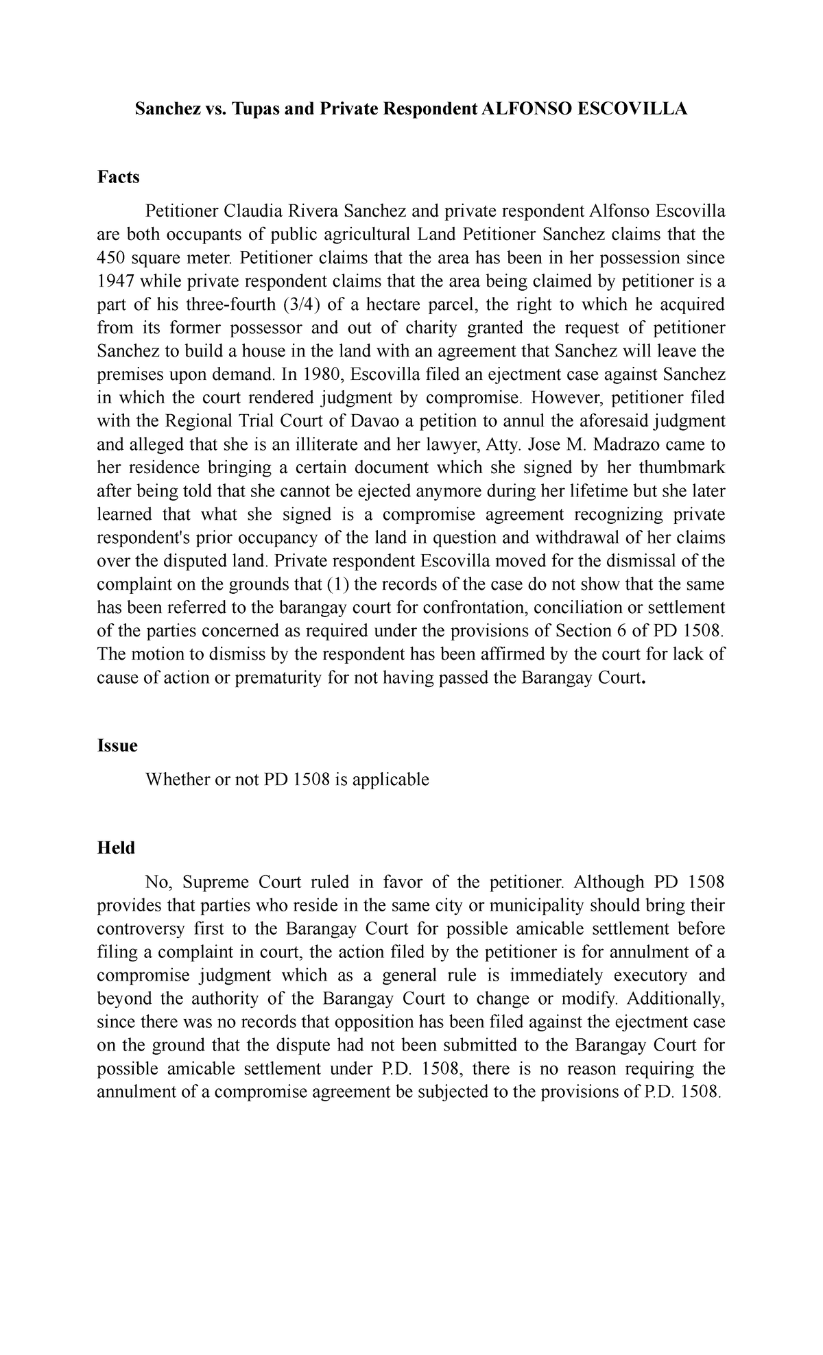 PD 1508 Case Study: Sanchez vs. Escovilla Ejectment Dispute - Studocu