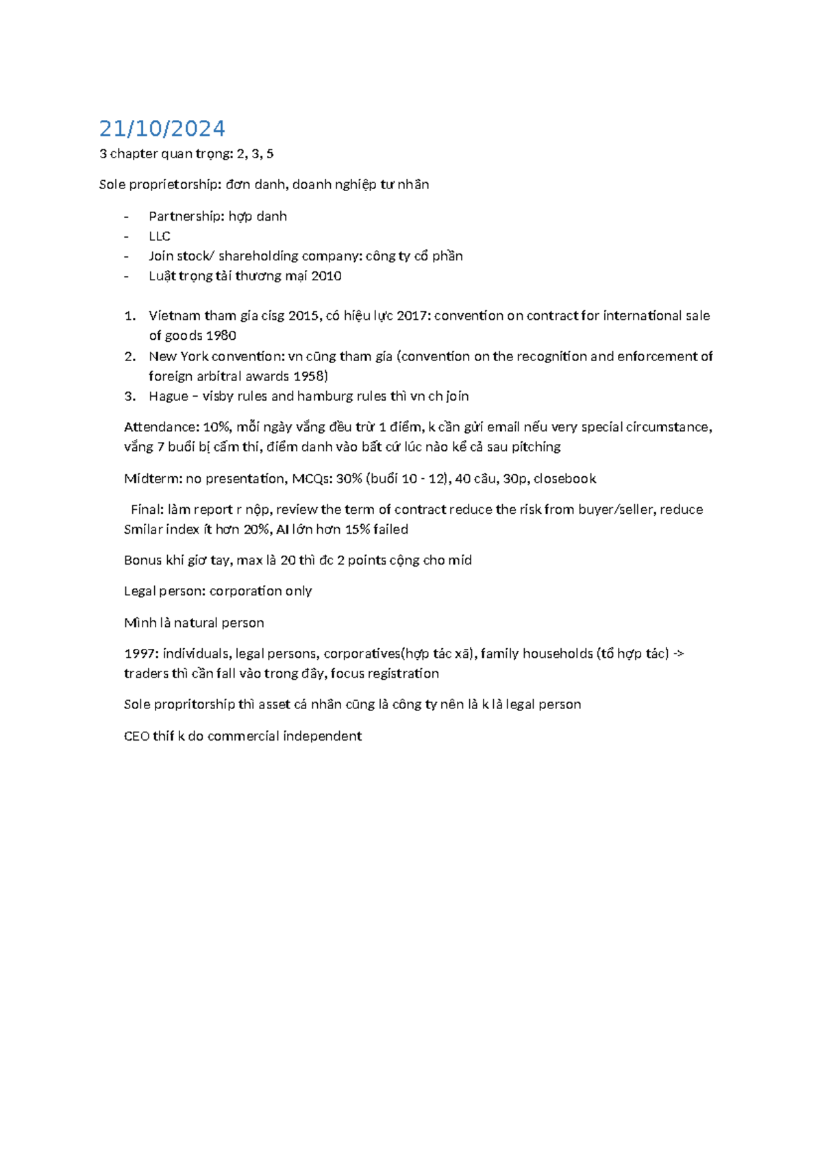 International Business Law Notes (Course Code: 21/10/2024) - Document Preview