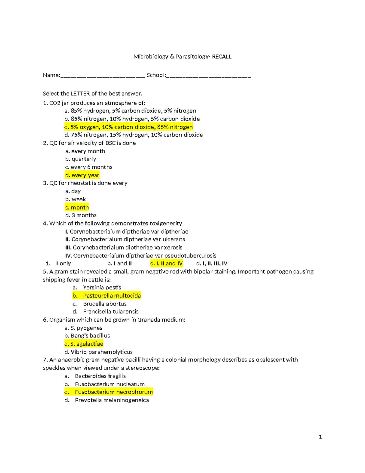 Microbiology & Parasitology Recall Questions for Exam Preparation - Document Preview