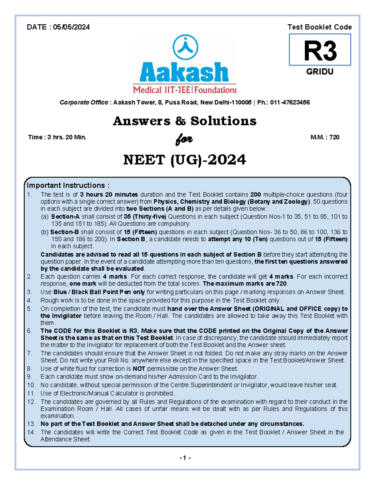 KEY FOR R3 NEET Question Paper Solutions and Instructions - Studocu