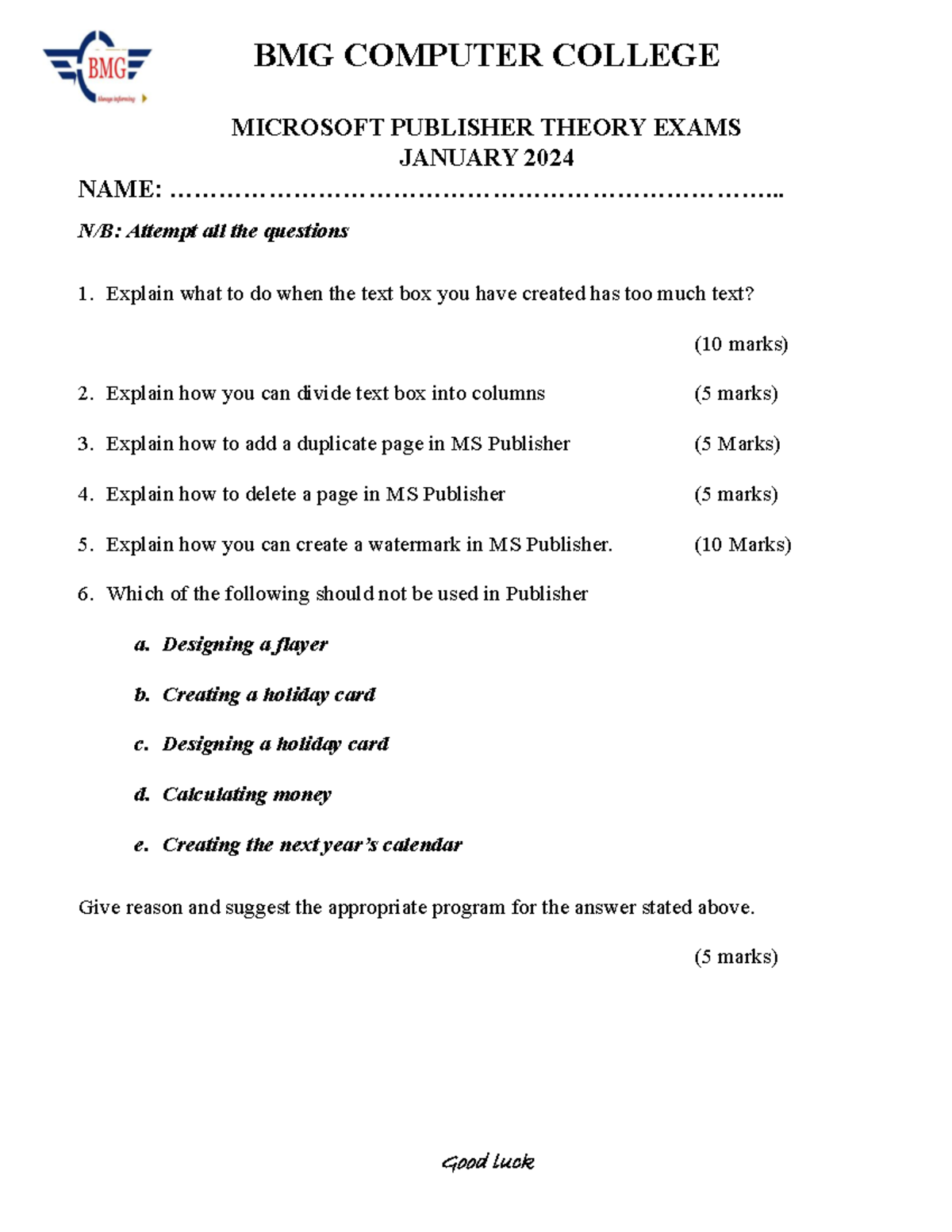 Microsoft Publisher, Word & Excel Theory Exams - January 2024 - Studocu