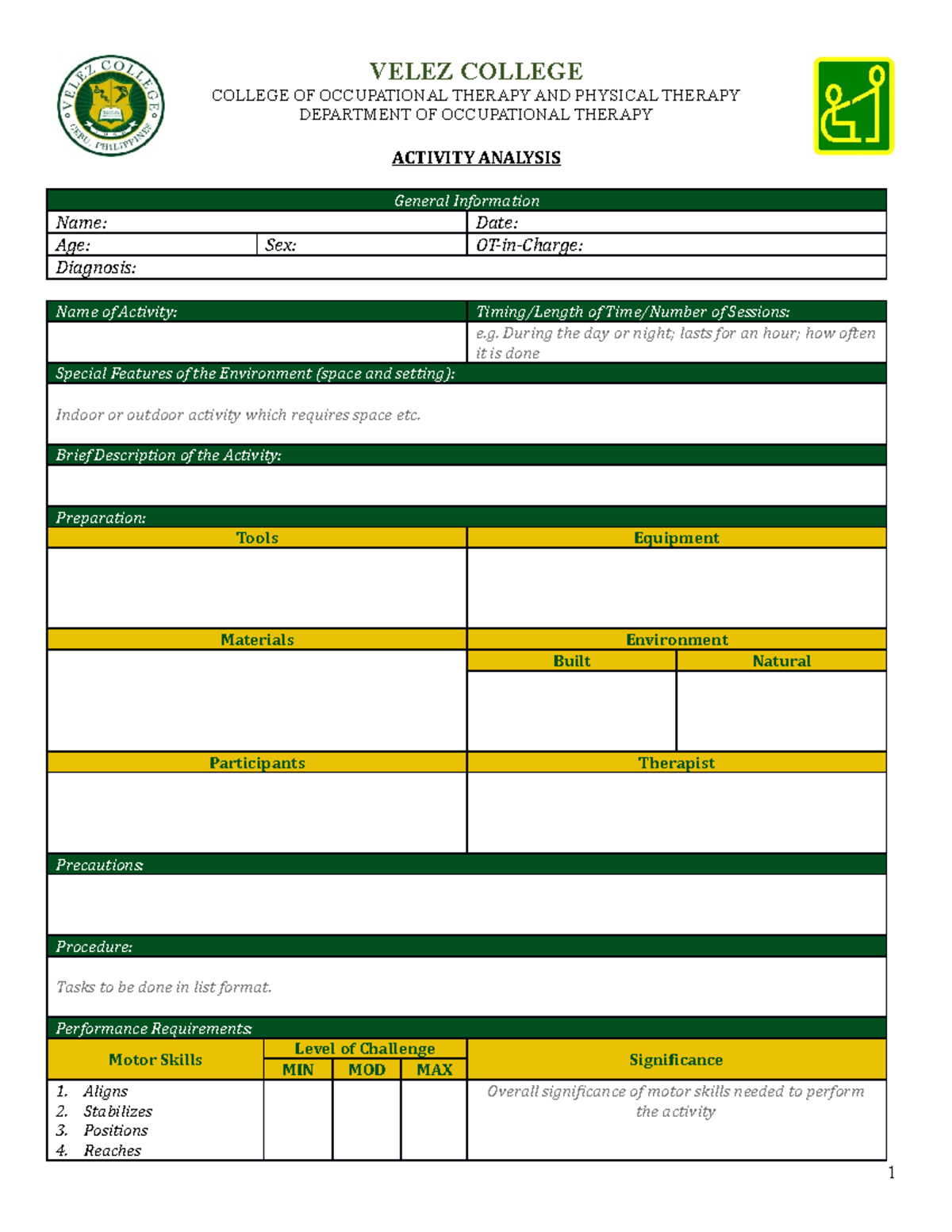 VC OT - Activity Analysis Form for Occupational Therapy Evaluations ...