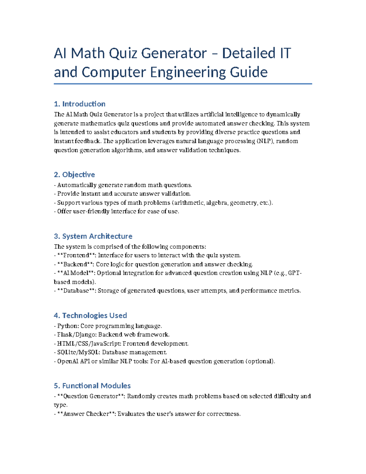 IT & Comp Eng AI Math Quiz Generator Guide - Studocu