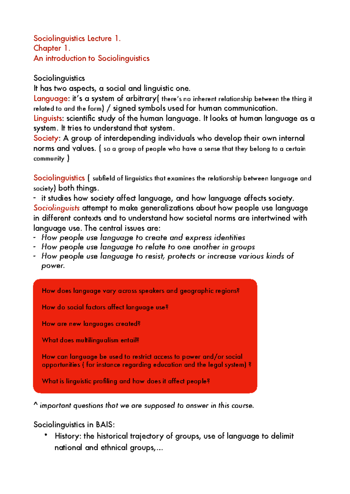 Sociolinguistics (BAIS) Lecture Notes: Key Concepts and Issues ...