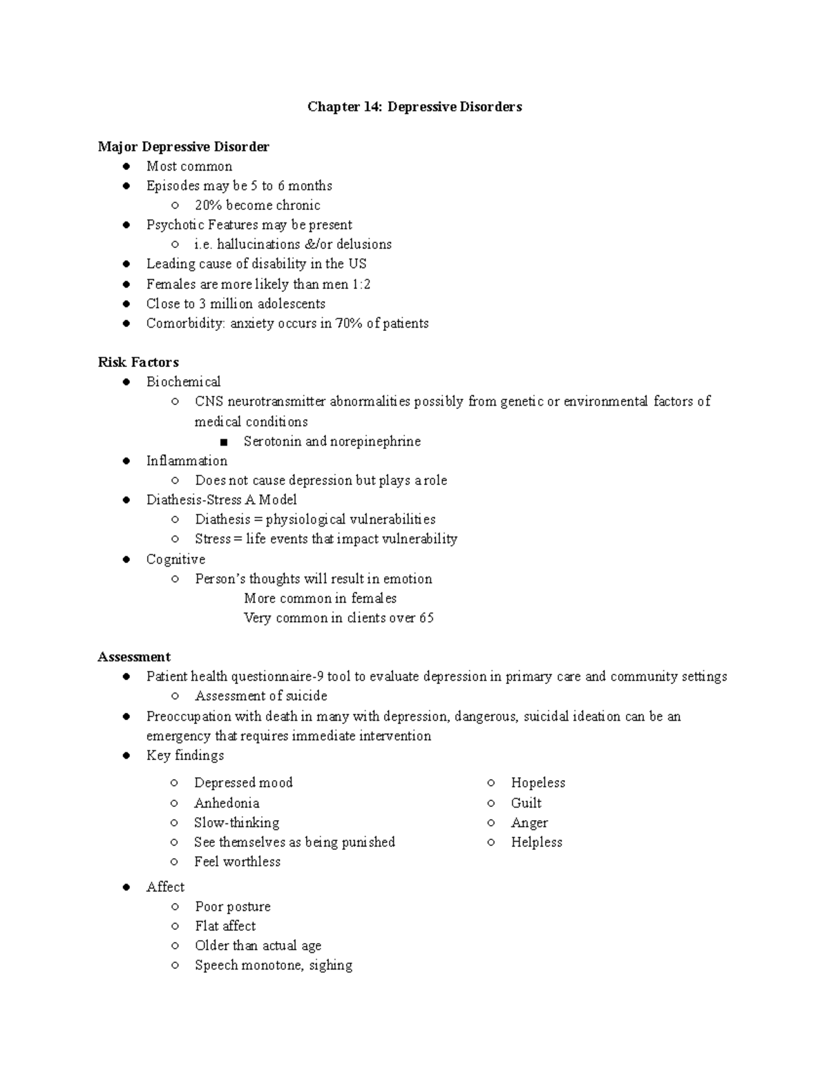 Chapter 14: Major Depressive Disorders Overview and Key Insights - Studocu