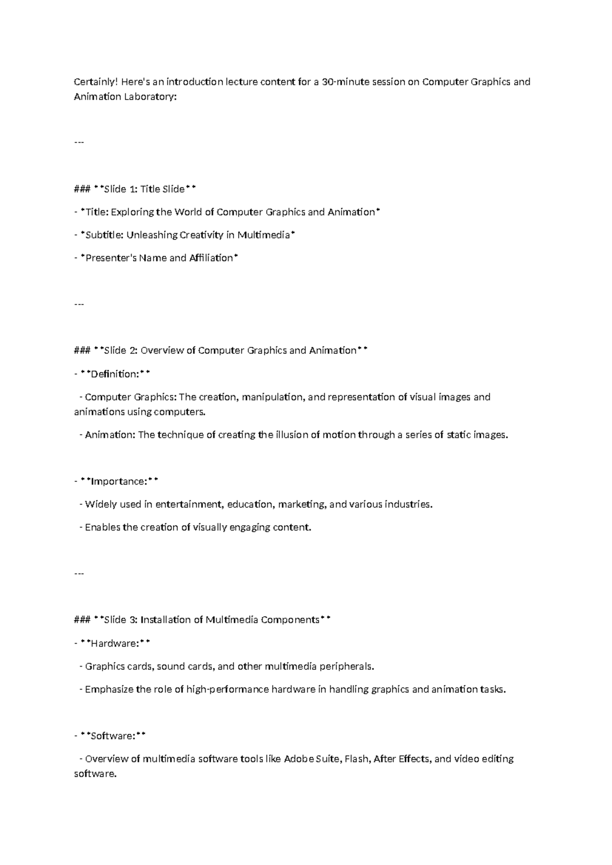 Intoduction to CG - Certainly! Here's an introduction lecture content ...