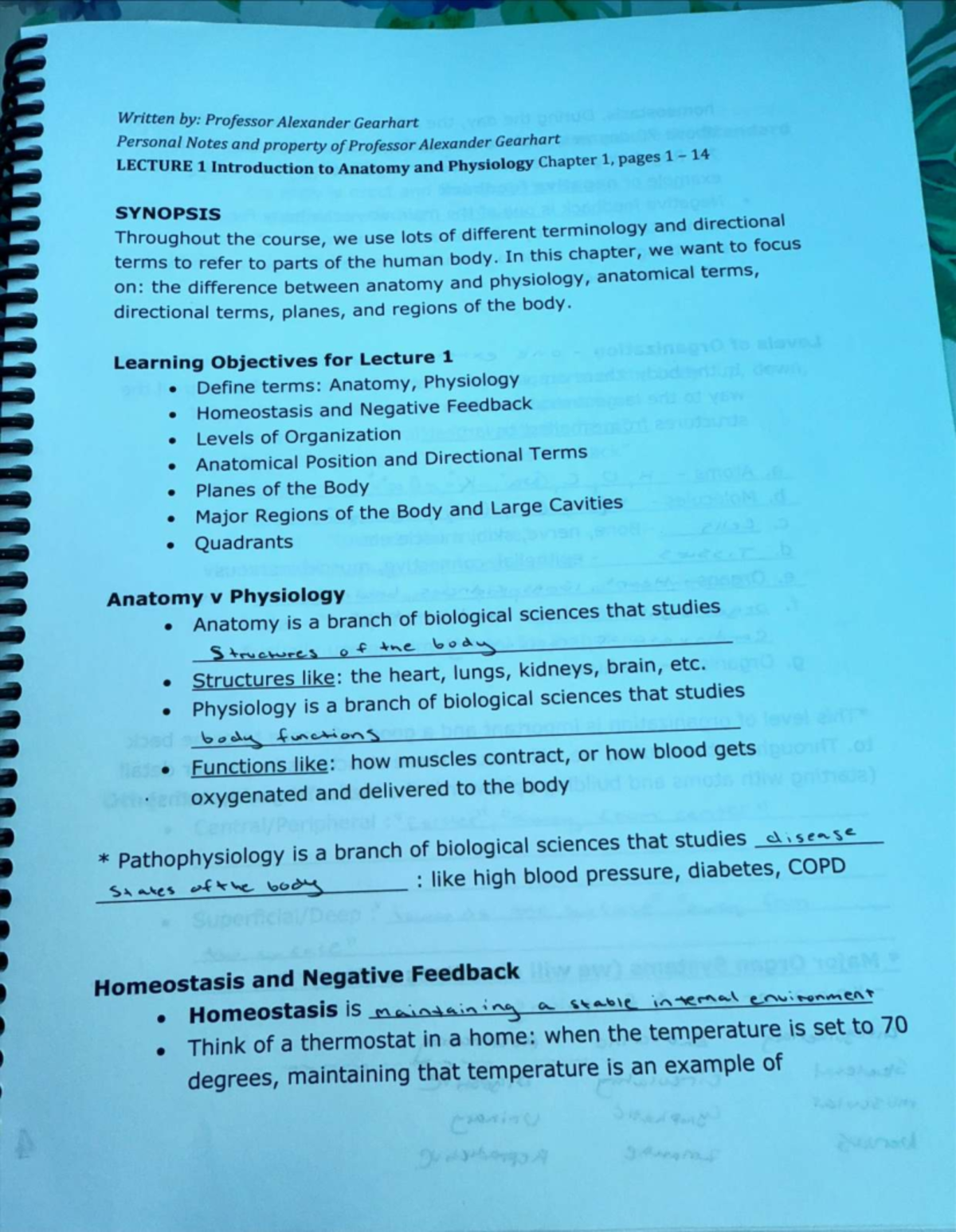 Bio 117 Lecture 1 Intro To Anatomy Physiology Chapter 1 Notes