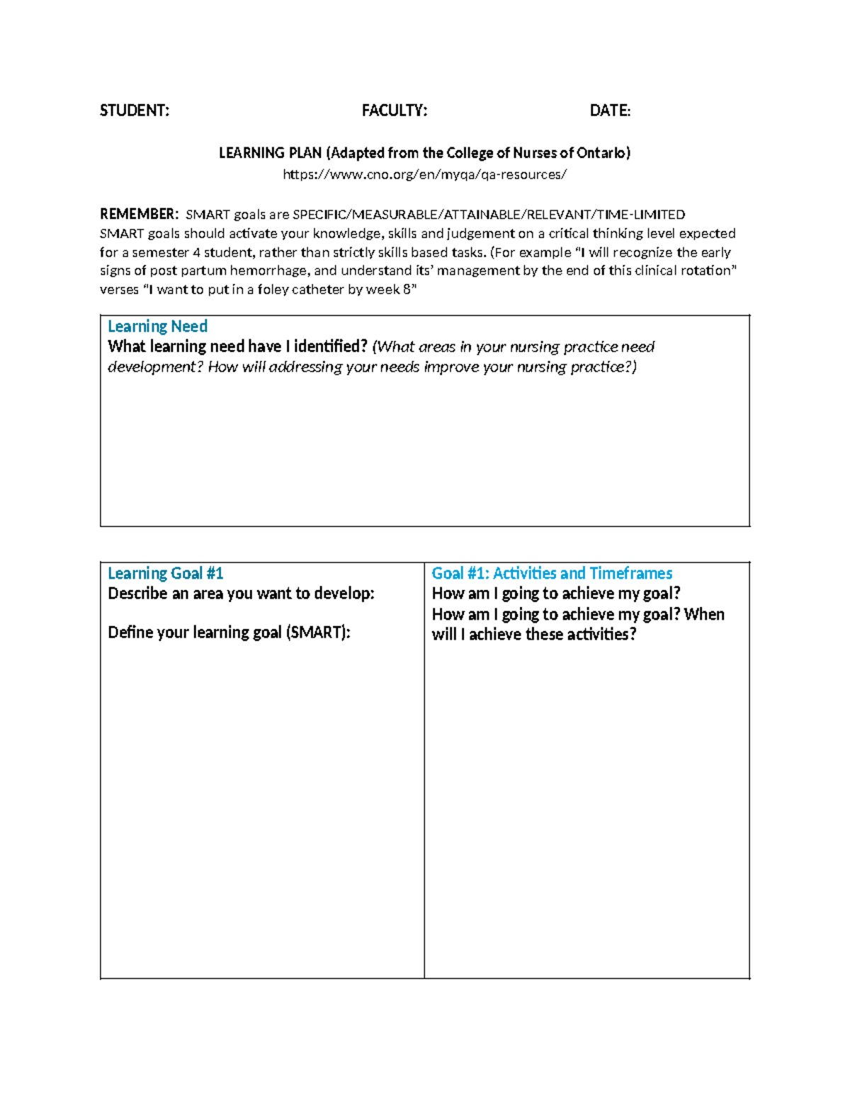 Learning plan template for semester 4 nursing students - Studocu