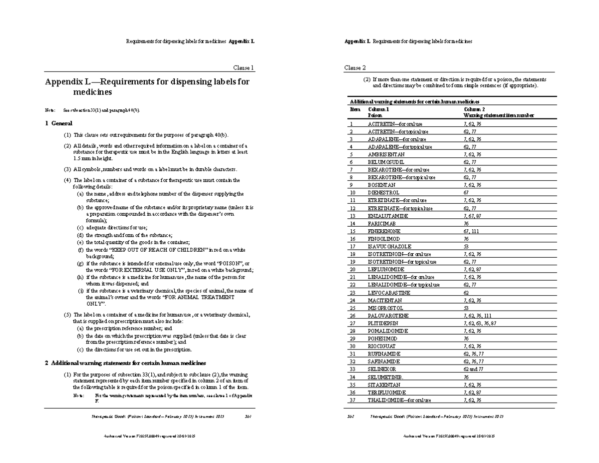Appendix L - Requirements for Dispensing Labels for Medicines - Studocu