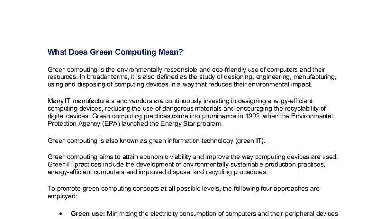 Green Computing Overview: Concepts, Practices, and Benefits - Studocu