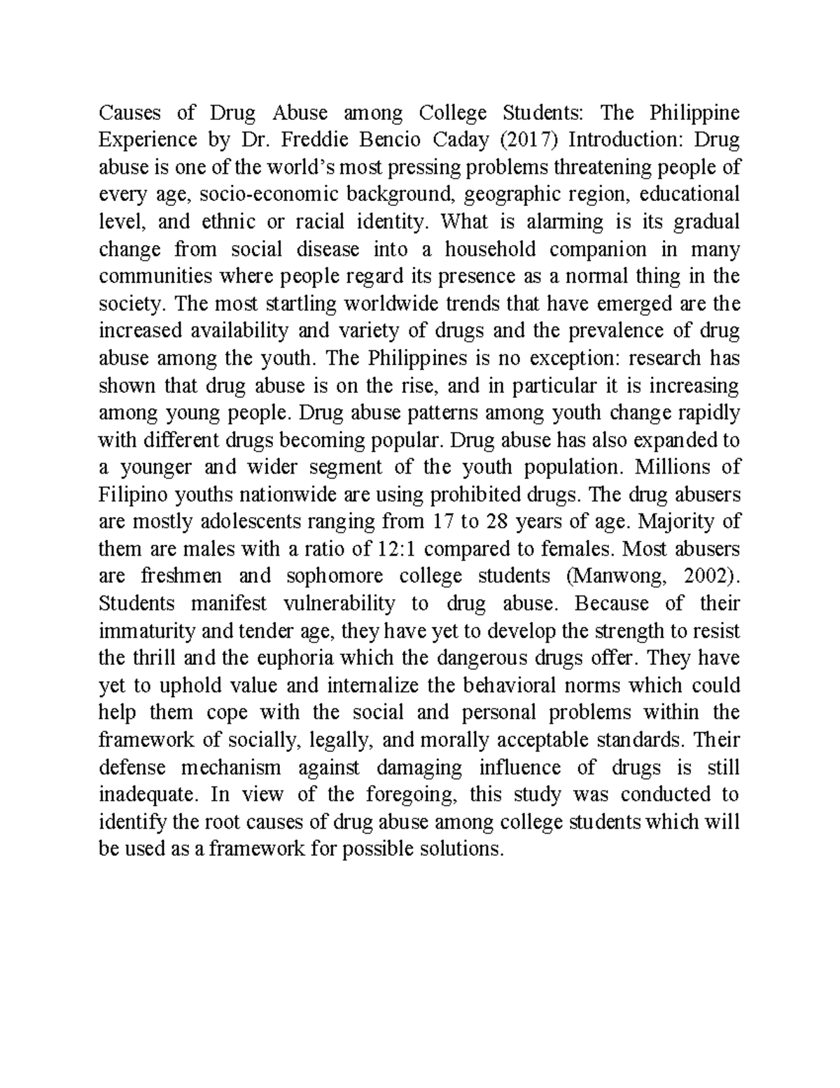Causes of Drug Abuse Among College Students: A Philippine Study - Studocu