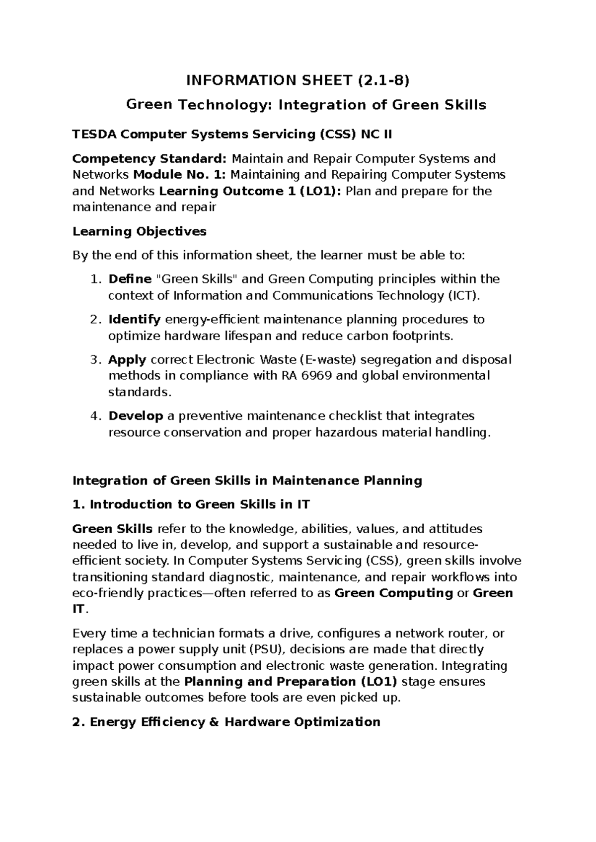 Green Technology: Integrating Green Skills in CSS NC II - Studocu