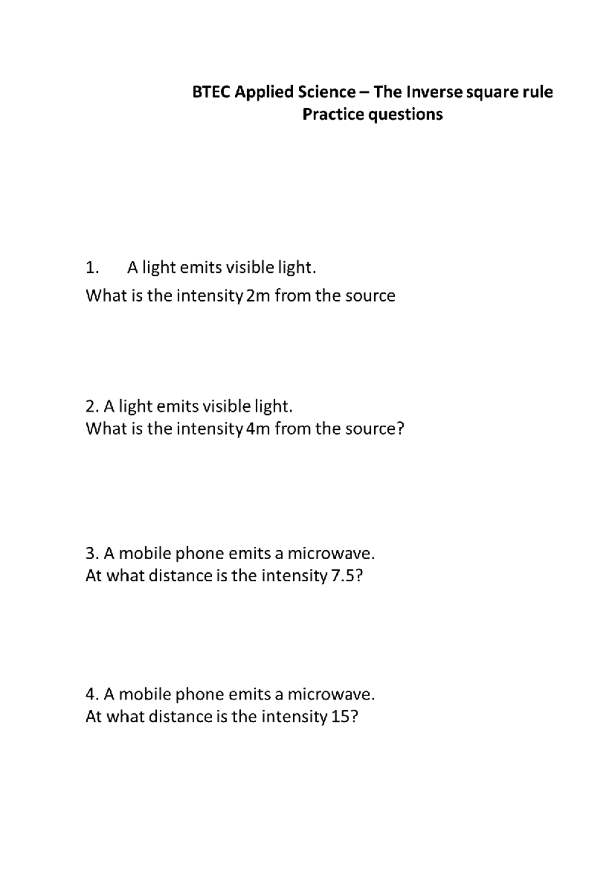 BTEC Applied Science: Inverse Square Rule Practice Questions Worksheet ...