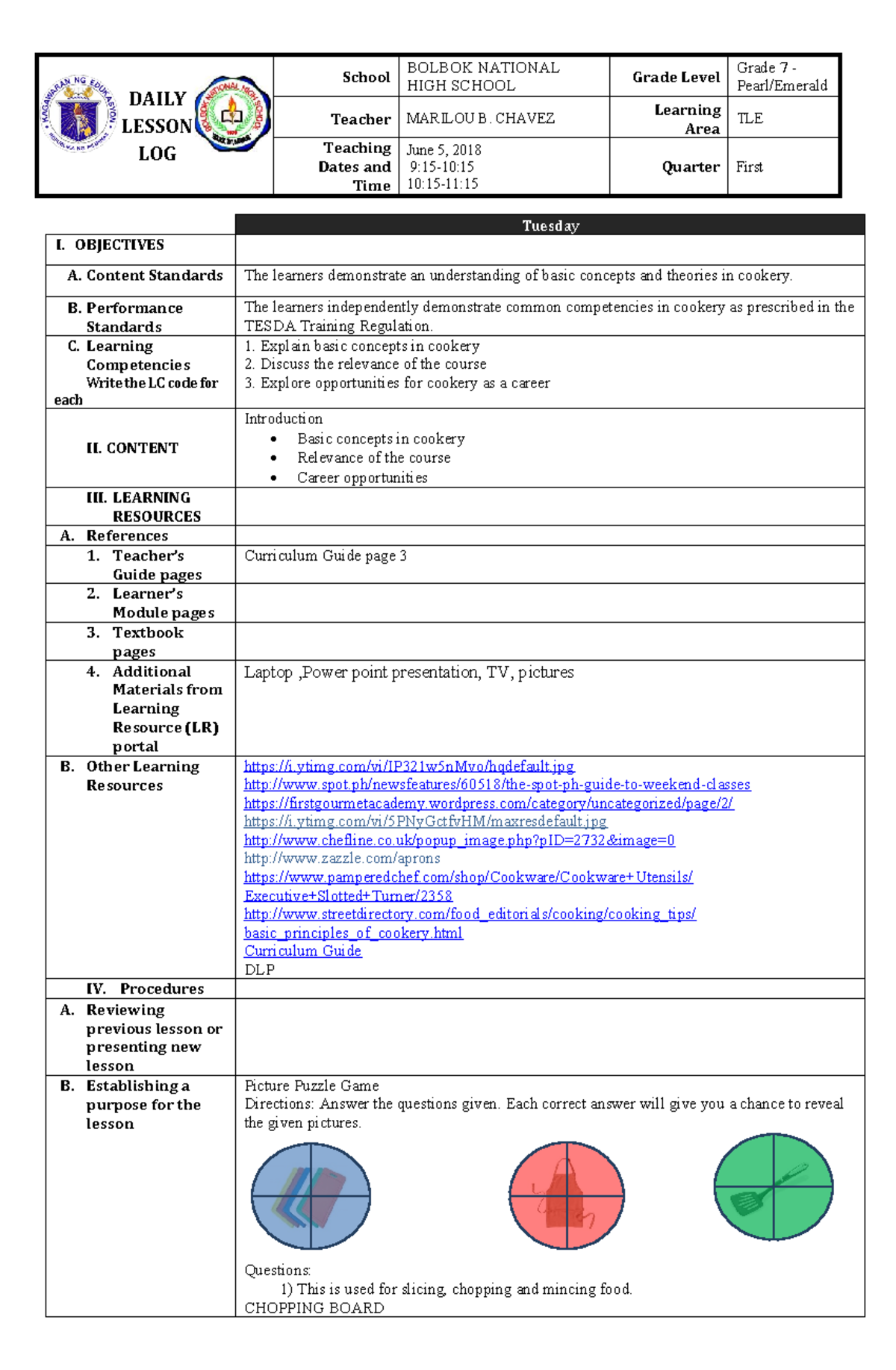 Grade 7 TLE - Concepts in Cookery Lesson Day 2 Overview - Studocu