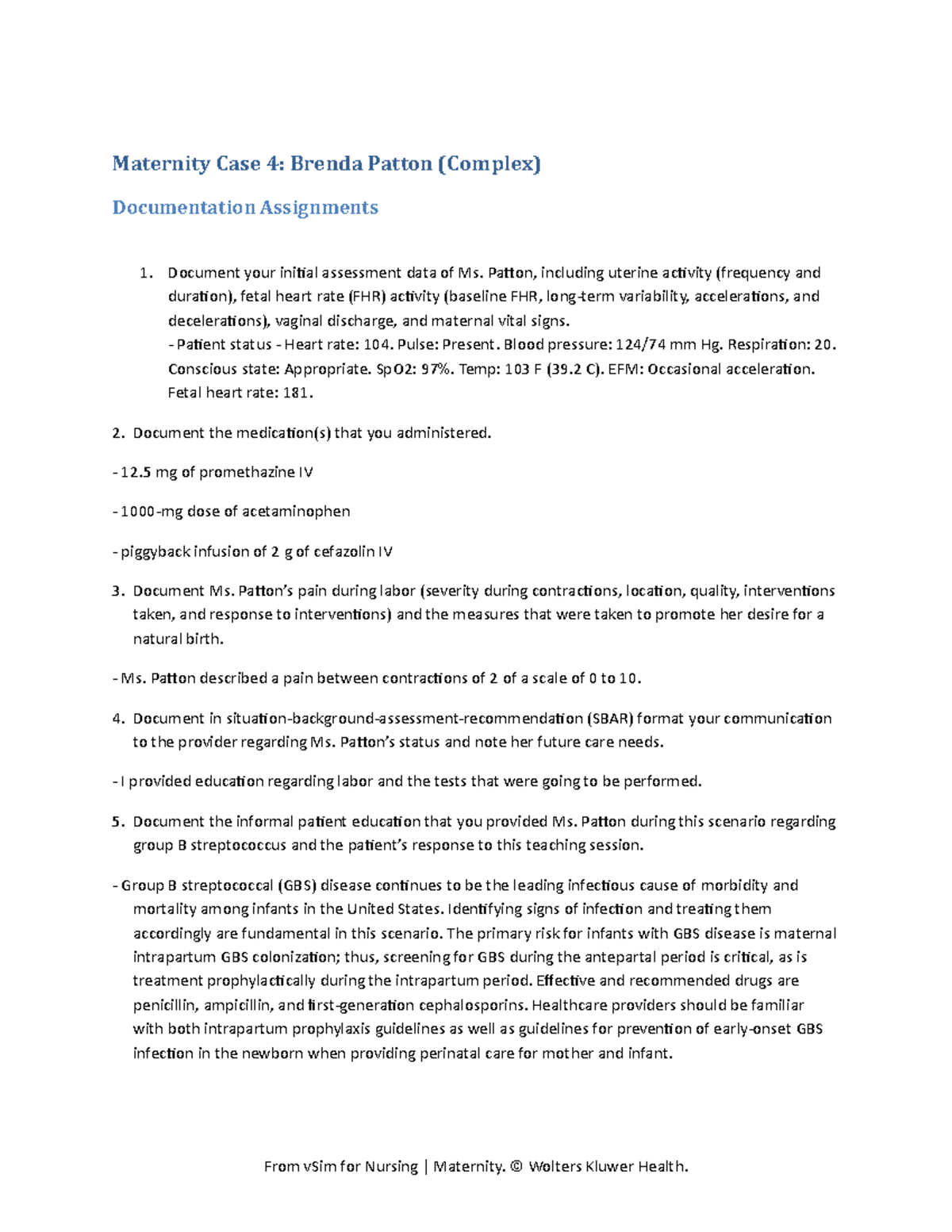 Maternity Case Study 04: Complex Assessment of Brenda Patton - Studocu