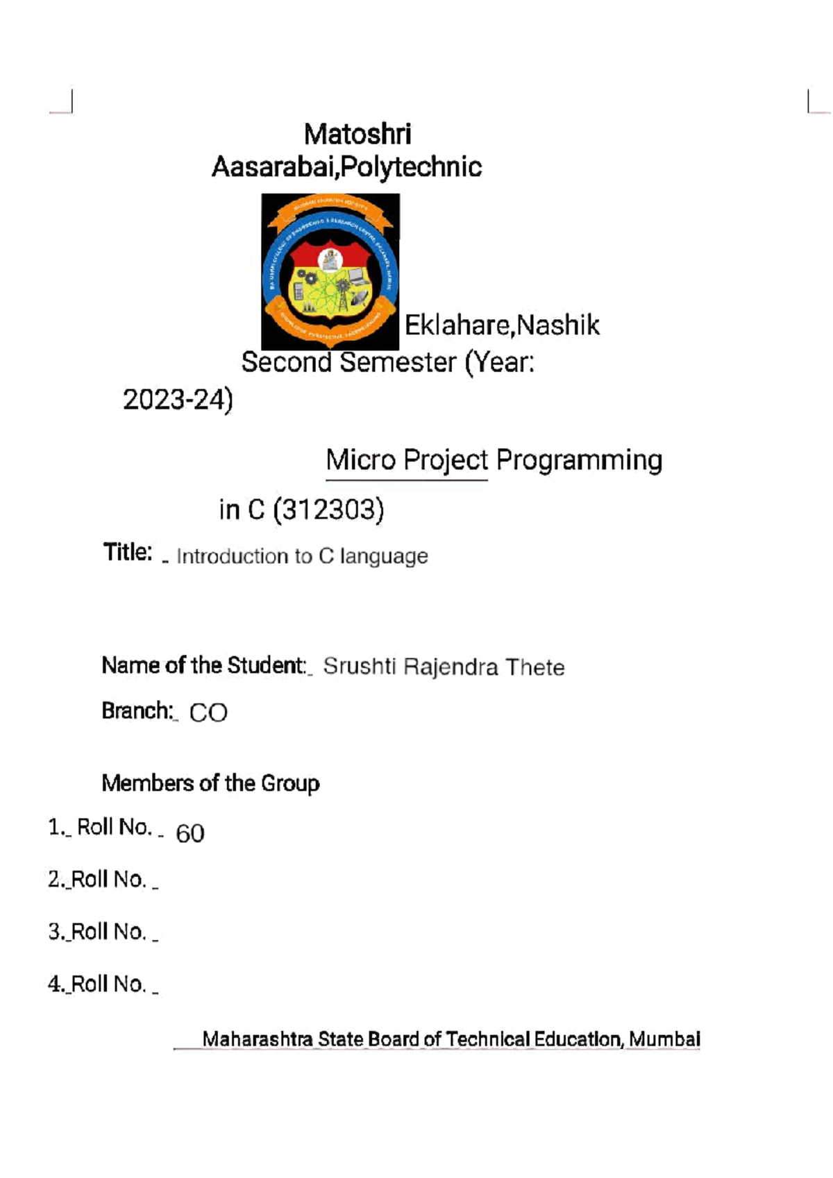 Micro Project on C Programming (312303) - Introduction to C Language ...