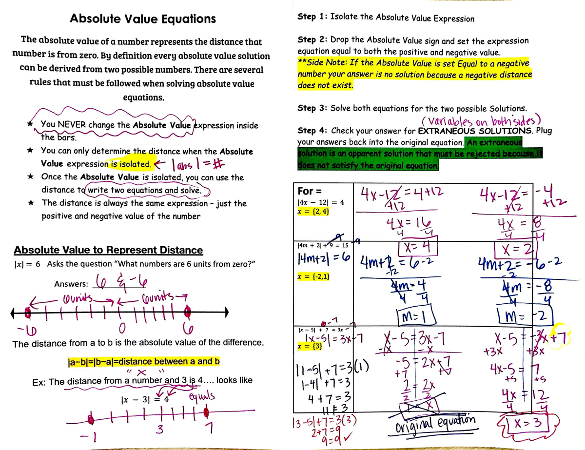 Absolute Value Equations Notes KEY: Steps to Solve and Understand - Studocu