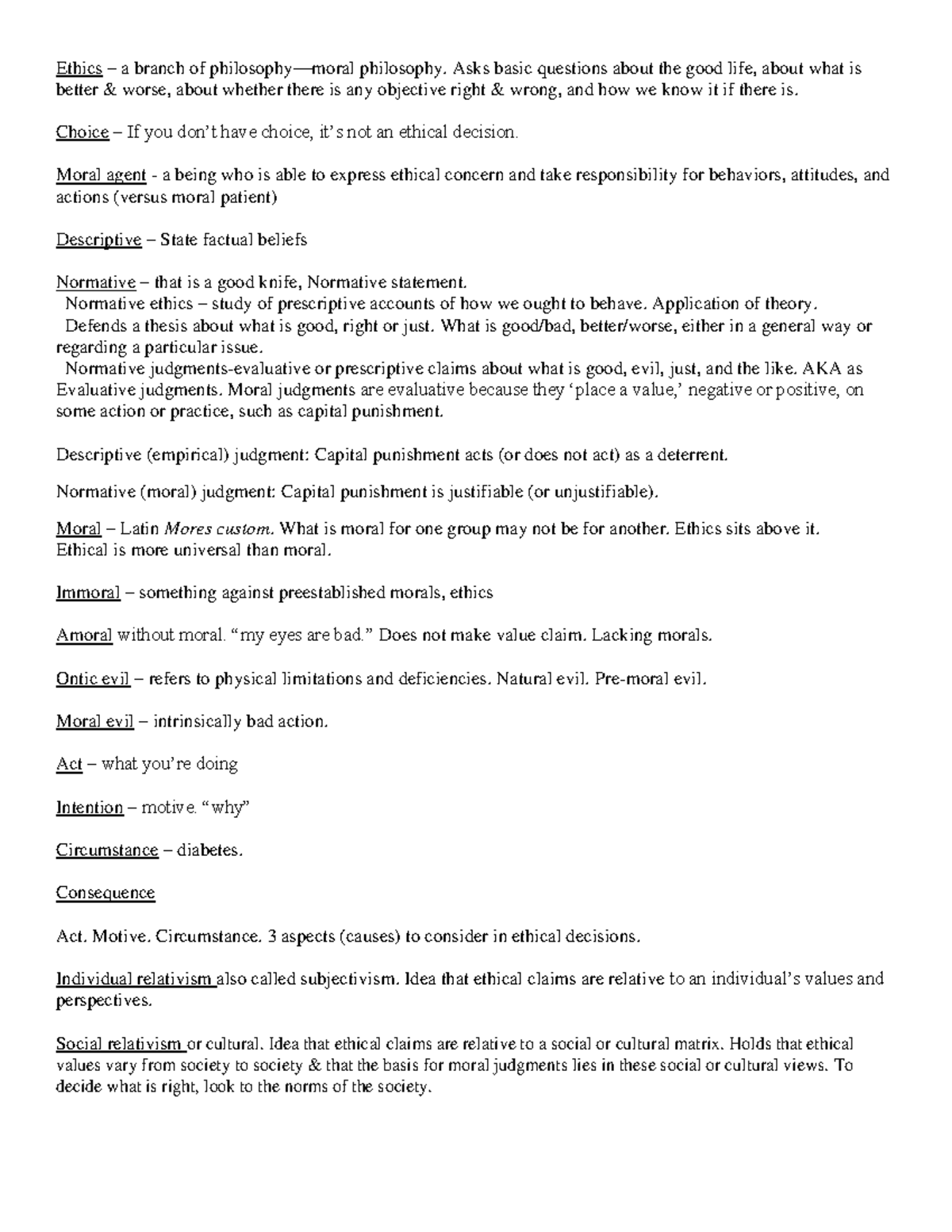 Ethics PHIL 101 Midterm Review: Key Concepts and Theories - Studocu