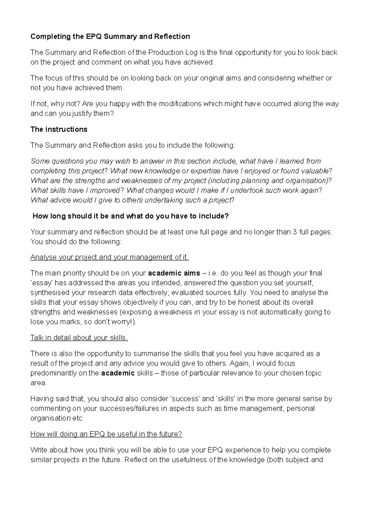 EPQ A Guide to Summary and Reflection on Project Achievements - Studocu