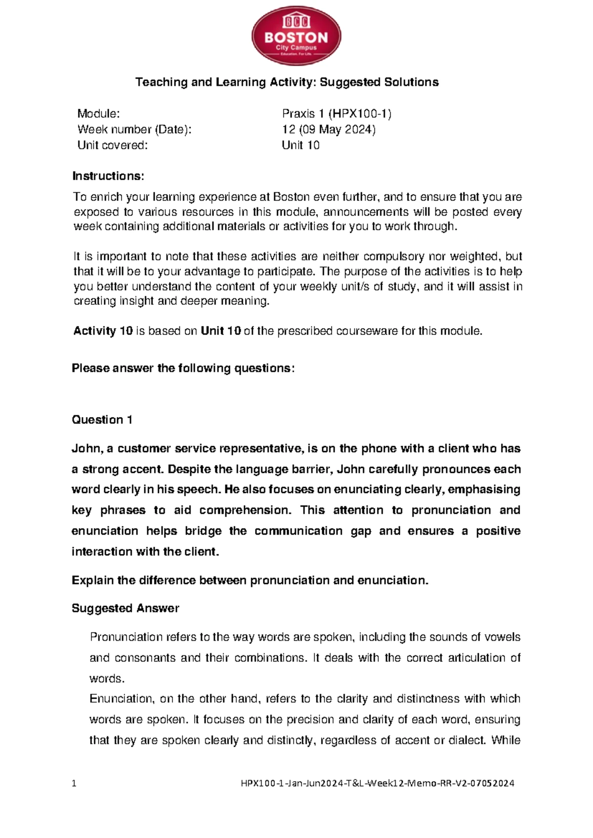 HPX100 1 Jan Jun2024 T&L Week12 Memo RR V2 07052024 - Module: Praxis 1 ...