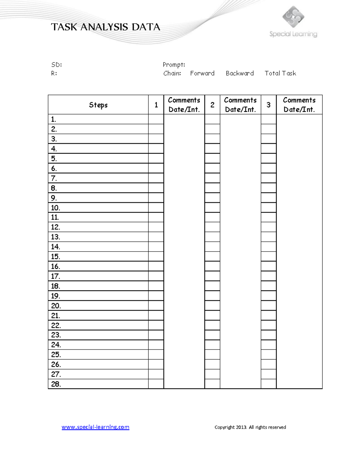 Task Analysis Data Sheet - TASK ANALYSIS DATA SD: Prompt: R: Chain ...