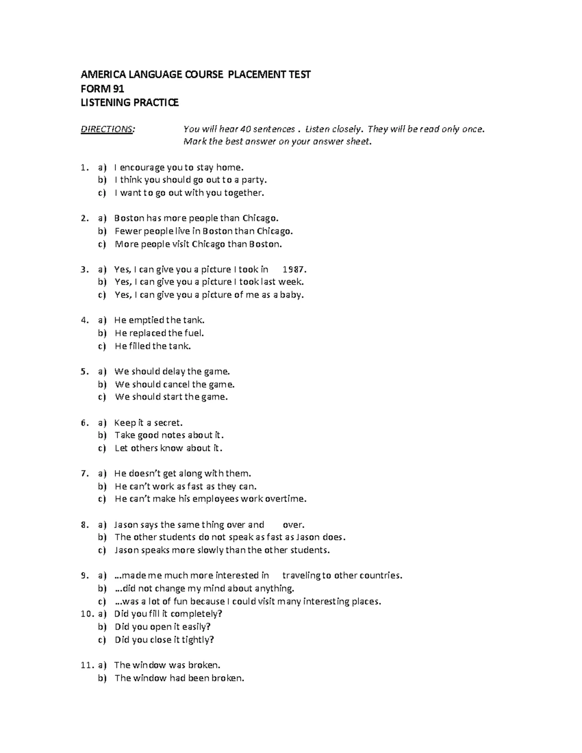 ALCPT 92 Listening Practice Directions for Placement Test - Studocu