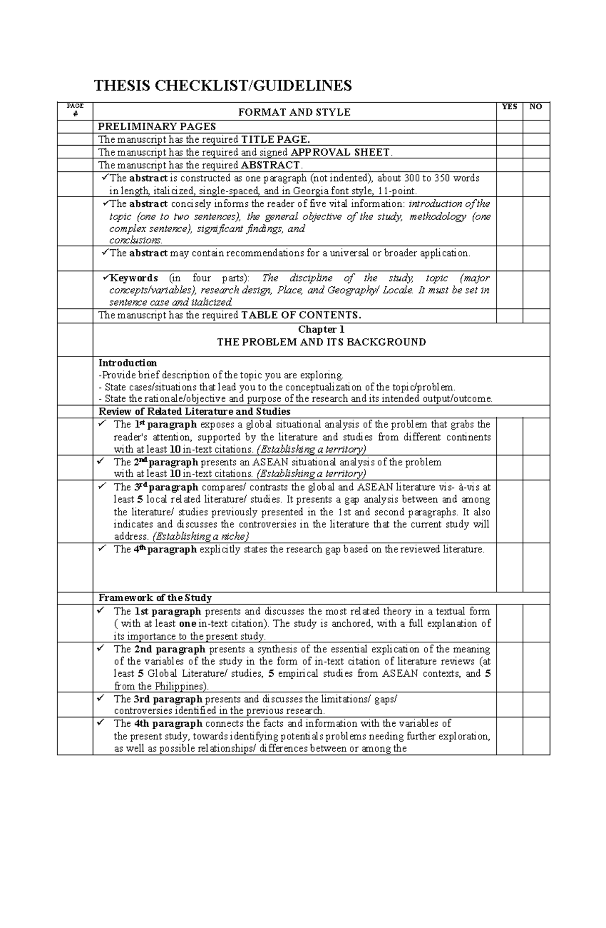 Thesis Checklist & Guidelines for CBA Format - Studocu