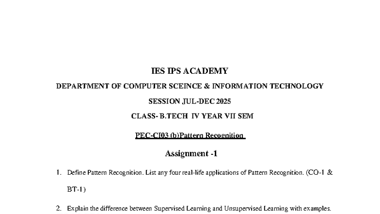 Pattern Recognition Assignment - B.Tech IV Year VII Sem (2025) - Studocu