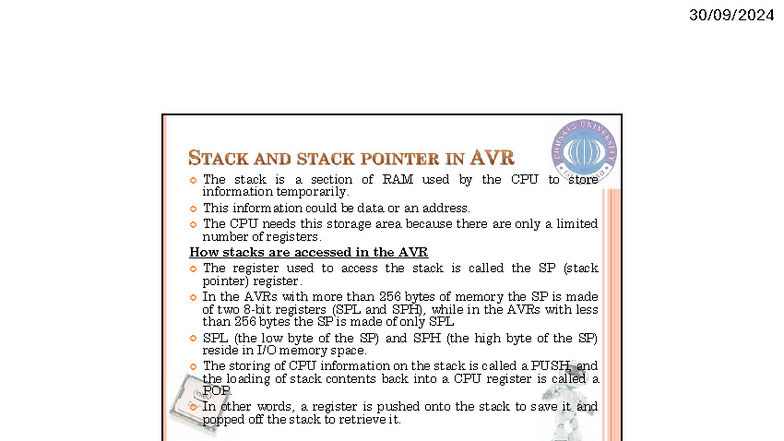 Lec8 - 30Sept24 - notes - The stack is a section of RAM used by the CPU ...