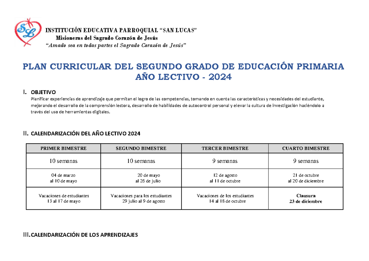 Plan Curricular 2024: Segundo Grado de Educación Primaria - Studocu