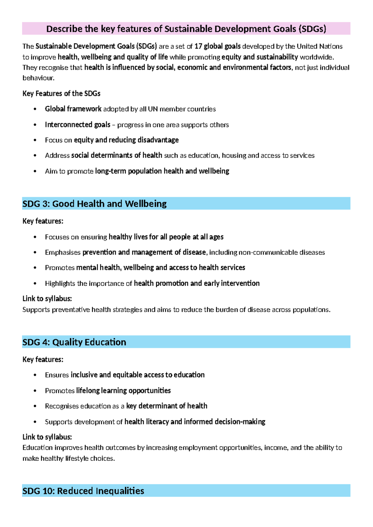 SDG Summary Sheet: Key Features of Sustainable Development Goals - Studocu