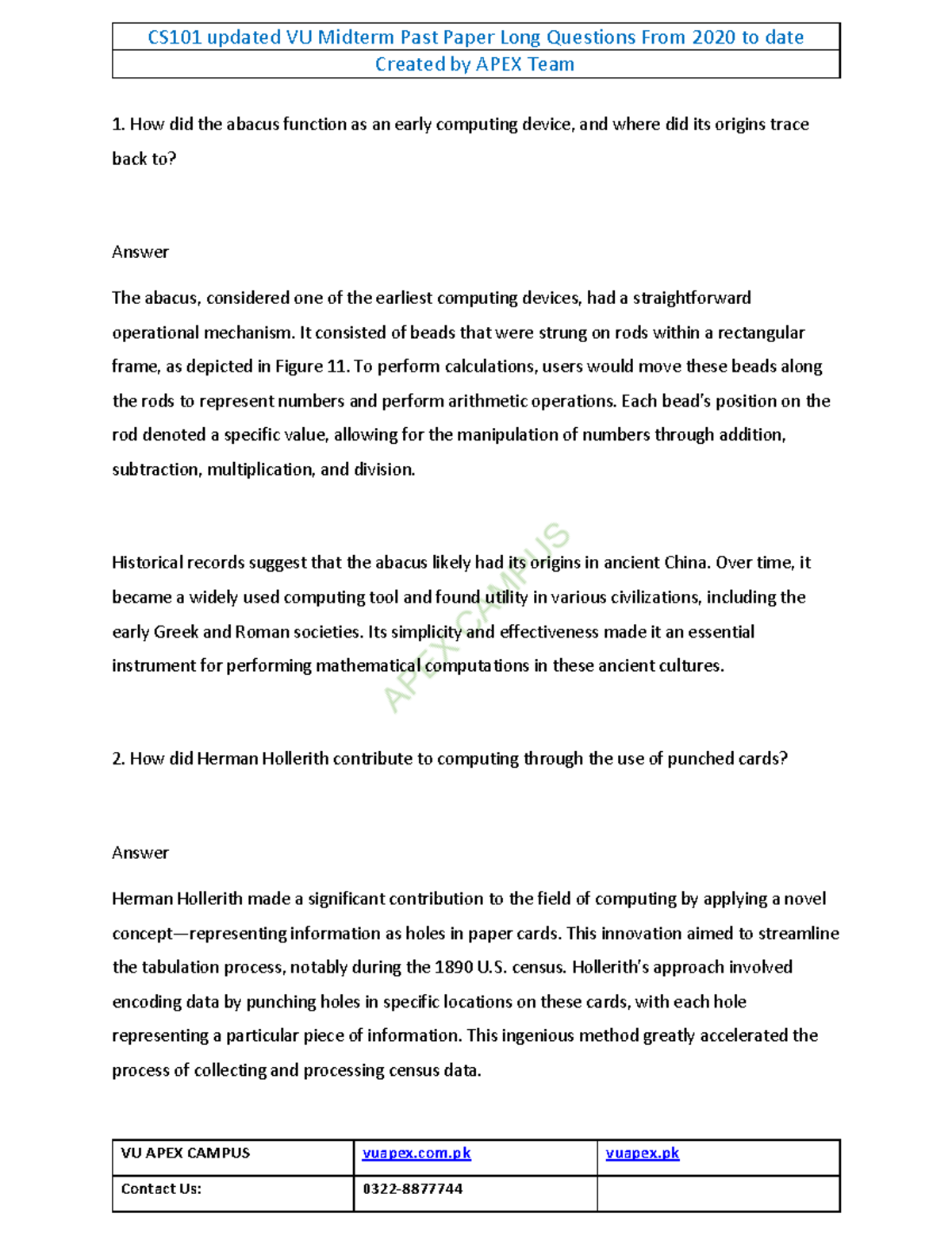 CS101 VU Midterm Past Paper: Long Questions (2020-Present) - Studocu