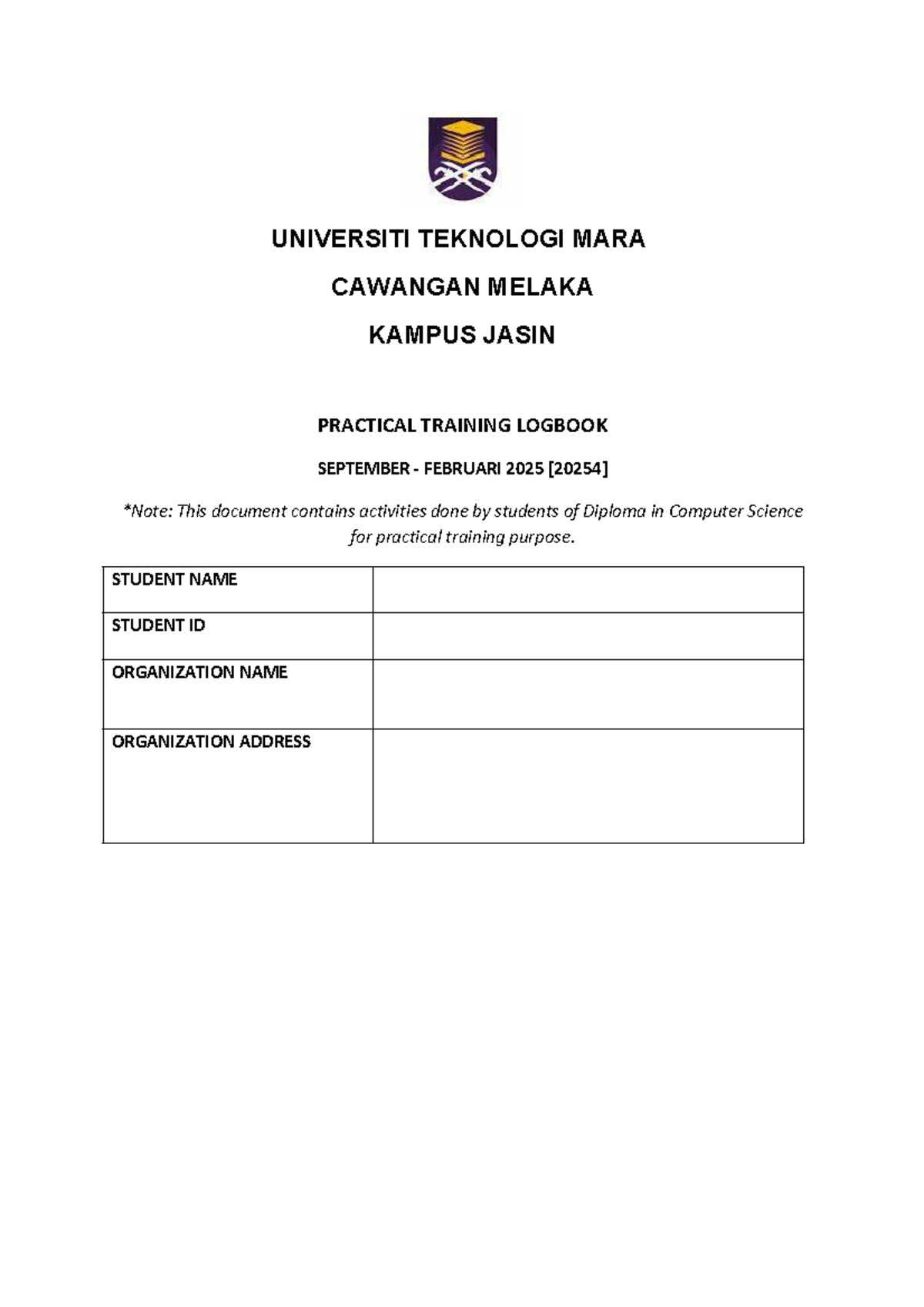 Logbook for Practical Training - Diploma in Computer Science [20254 ...