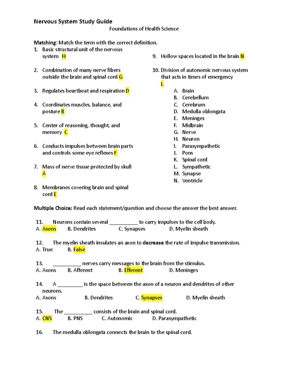 Nervous System Study Guide (HSC 101) - Key Concepts & Review Questions ...