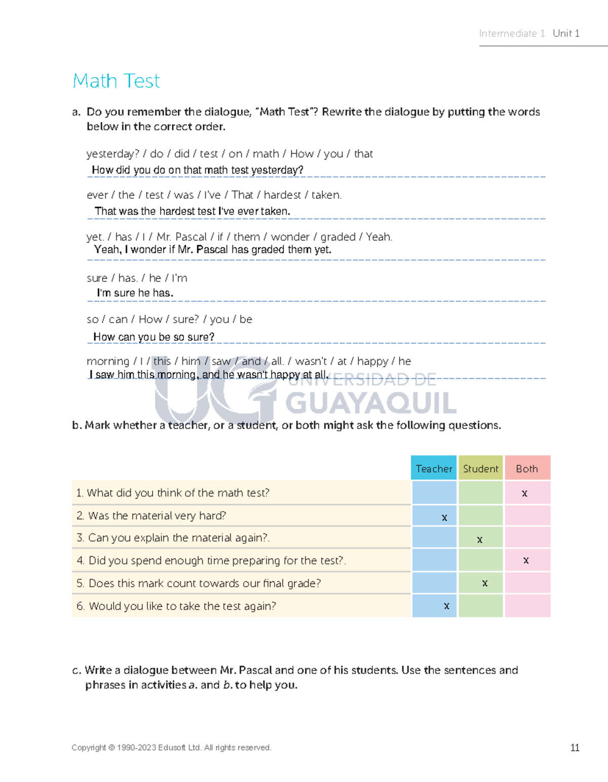 Workbook ingles - Math Test a. Do you remember the dialogue, “Math Test ...